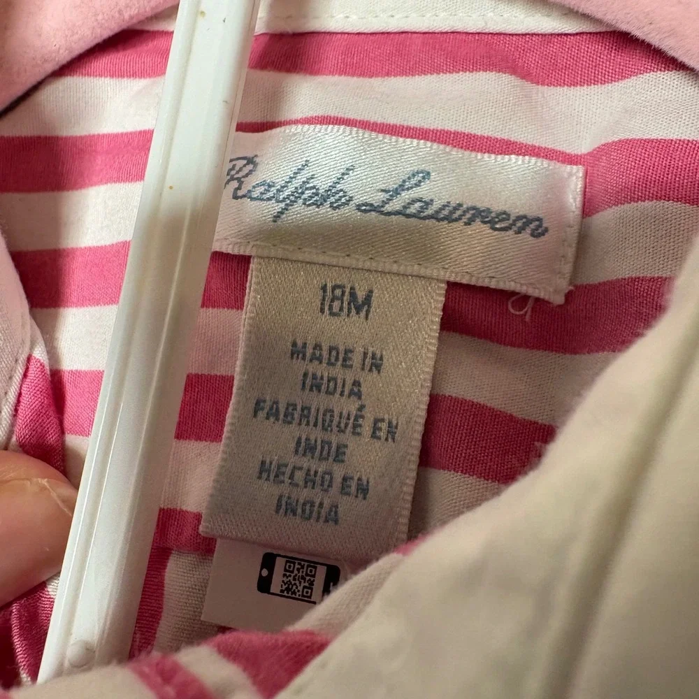 Ralph Lauren Baby Girls Pink White Striped Shirtdress with Bloomers 18M Cotton